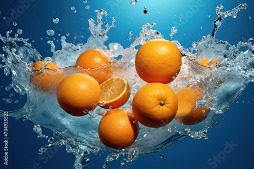  a group of oranges floating in water with a splash of water on the side of the image and a blue background.