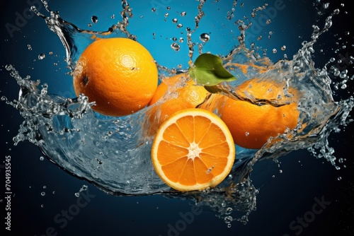  a group of oranges in the water with splashing water on the top and bottom of the oranges.