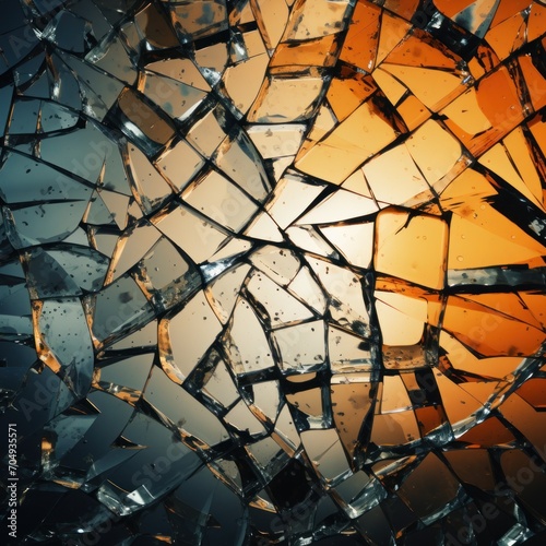  a close up of a broken mirror with a yellow light in the middle of the frame and a black background.