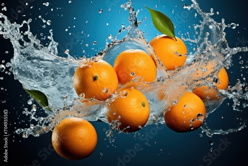 a group of oranges floating in water with a splash of water on the top of the picture and on the bottom of the picture.