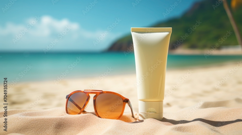 Sunscreen and sunglasses on summer beach on the sea coast , cosmetic product template mockup, Copy space