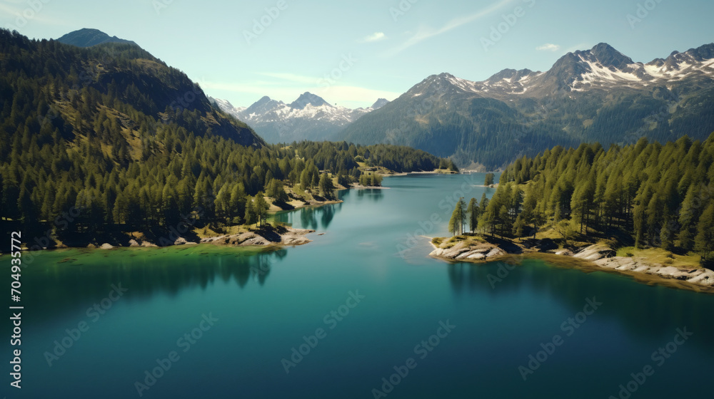 Aerial shot of a serene alpine lake surrounded by towering mountains and forests.