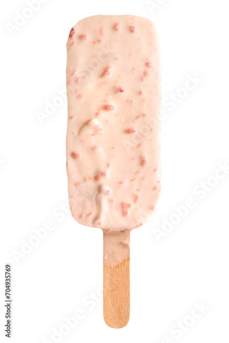 Ice cream covered in white glaze with strawberry crumbs isolated on a transparent background.