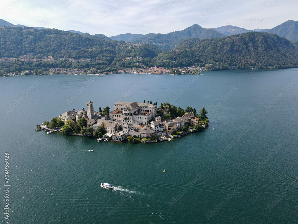 Drone view at San Giulio island on Italy