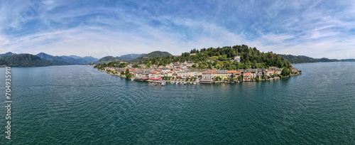 Drone view at the sacred mount Orta and San Giulio island on Italy