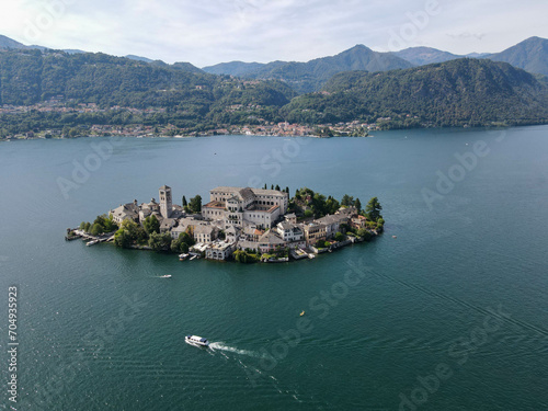 Drone view at San Giulio island on Italy
