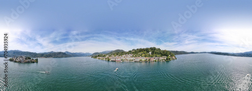 Drone view at the sacred mount Orta and San Giulio island on Italy © fotoember