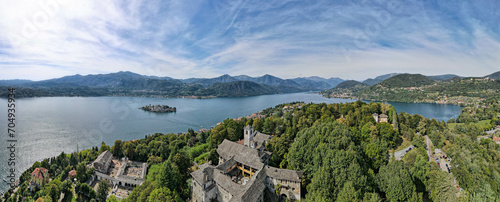 Drone view at the sacred mount Orta and San Giulio island on Italy