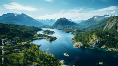 Aerial view of a crystal-clear mountain lake surrounded by rugged peaks and green forests.