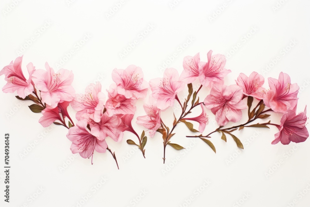a close up of pink flowers on a white background with a line of pink flowers on the left side of the frame. a close up of pink flowers on a white background with a line of pink flowers on the left side of the frame.