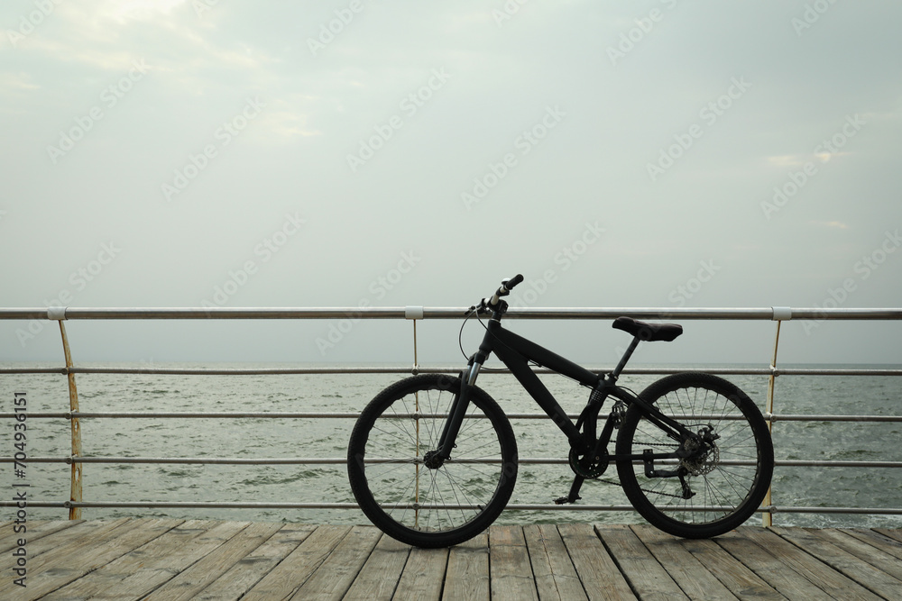 Bicycle on wooden boardwalk outdoors, space for text