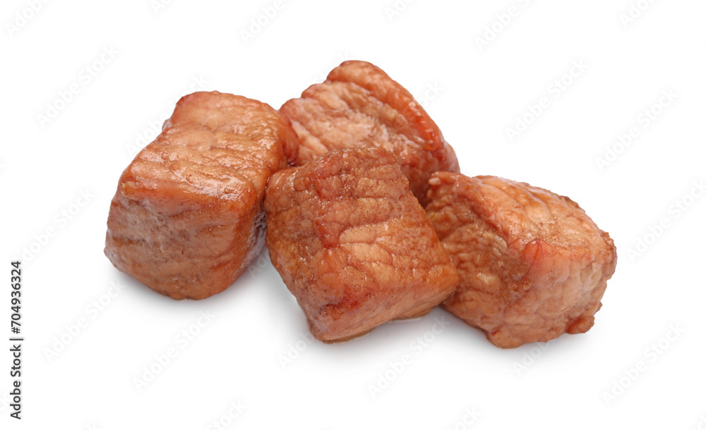 Pieces of delicious cooked beef isolated on white. Tasty goulash Pieces of delicious cooked beef isolated on white. Tasty goulash