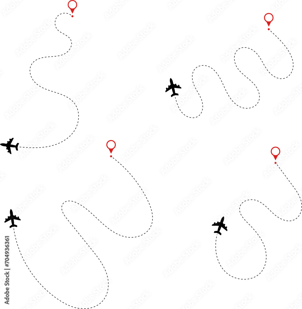Airplane route. Route icon - two points with dotted path and location pin. Route location icon two pin sign and dotted line. Travel vector icon. Airplane route. Route icon - two points with dotted path and location pin. Route location icon two pin sign and dotted line. Travel vector icon.