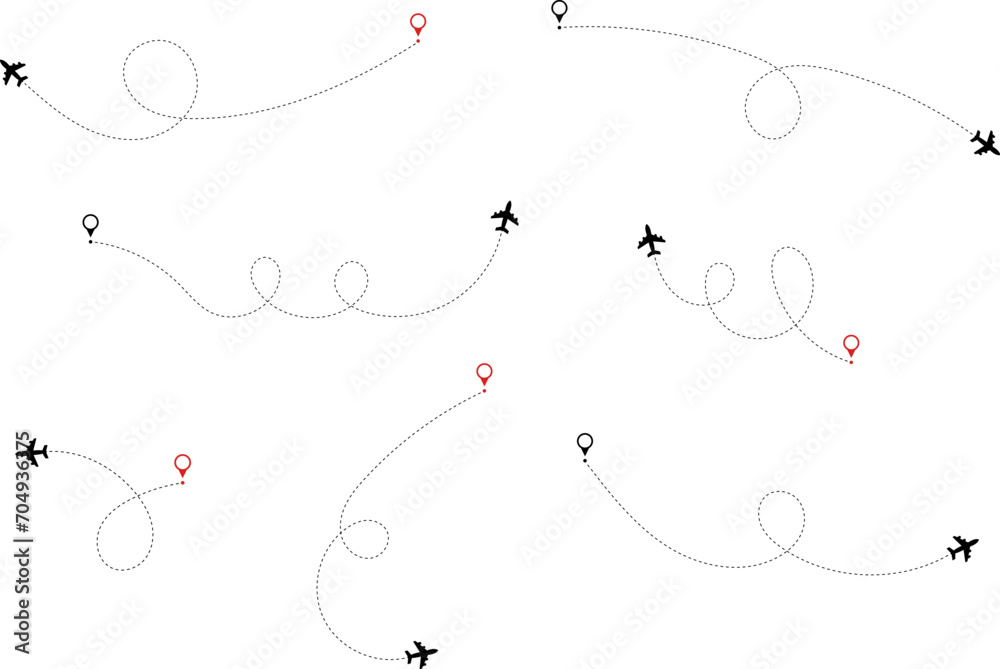 Airplane route. Route icon - two points with dotted path and location pin. Route location icon two pin sign and dotted line. Travel vector icon. Airplane route. Route icon - two points with dotted path and location pin. Route location icon two pin sign and dotted line. Travel vector icon.