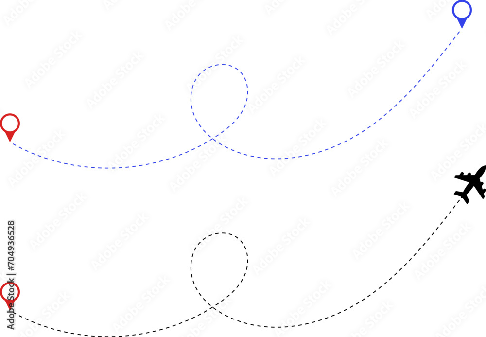 Airplane route. Route icon - two points with dotted path and location pin. Route location icon two pin sign and dotted line. Travel vector icon. Airplane route. Route icon - two points with dotted path and location pin. Route location icon two pin sign and dotted line. Travel vector icon.