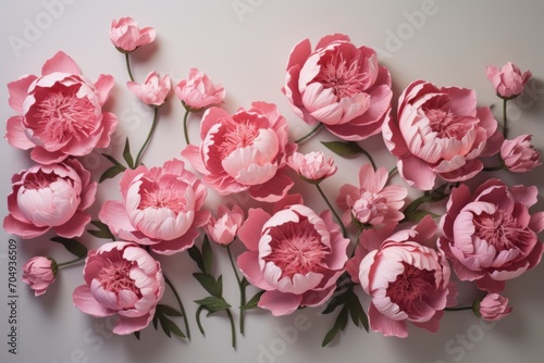  a bunch of pink flowers sitting on top of a white table next to a green leafy plant on a white wall.
