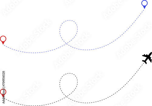 Airplane route. Route icon - two points with dotted path and location pin. Route location icon two pin sign and dotted line. Travel vector icon.