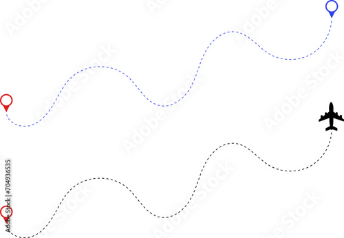 Airplane route. Route icon - two points with dotted path and location pin. Route location icon two pin sign and dotted line. Travel vector icon.