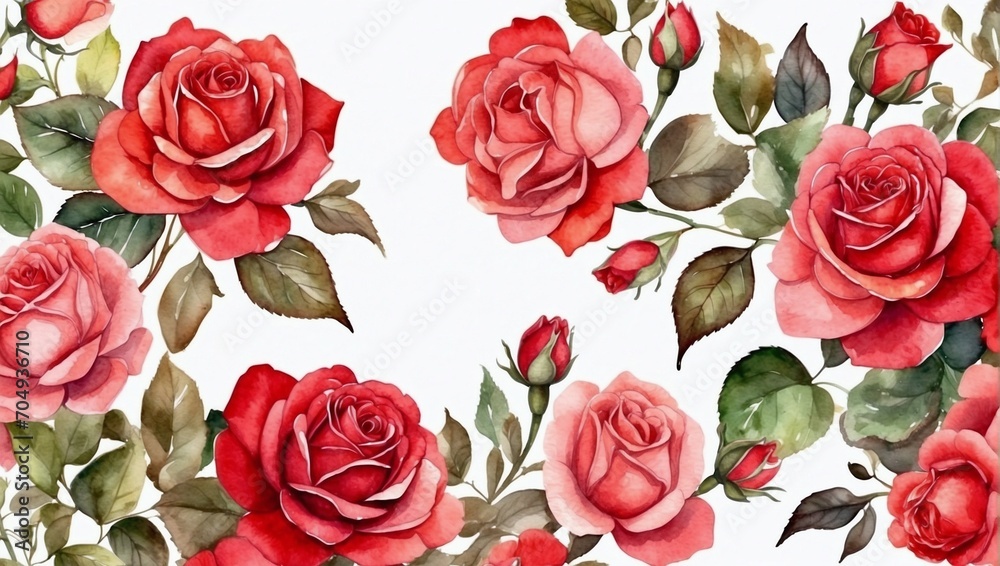 Naklejka premium illustration with red watercolor roses on a white background