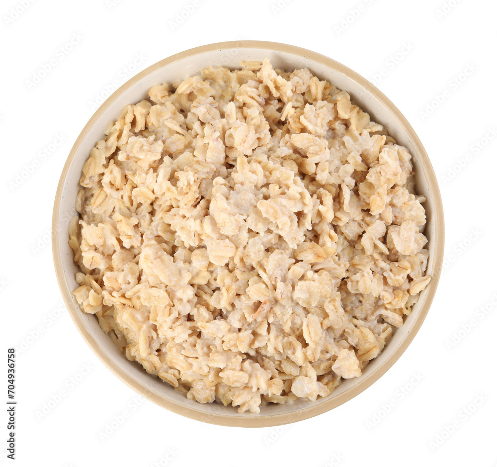 Tasty boiled oatmeal in bowl isolated on white, top view