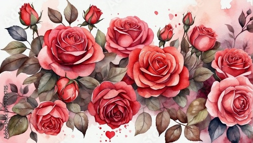 illustration with red watercolor roses on a white background