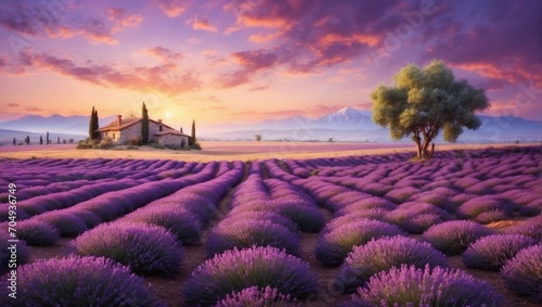 illustration of a landscape with a lavender field and a country house