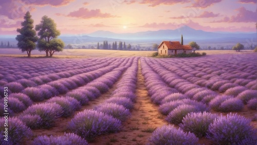 illustration of a landscape with a lavender field and a country house