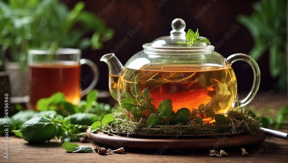 a glass teapot with tea on the table along with various herbs and plants a glass teapot with tea on the table along with various herbs and plants