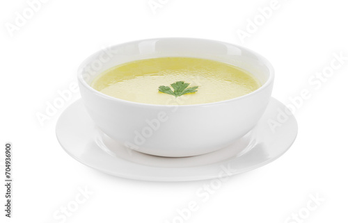 Tasty broth in bowl isolated on white