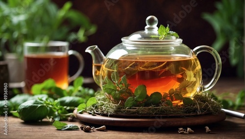 a glass teapot with tea on the table along with various herbs and plants