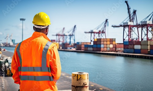 A Man in an Orange Safety Vest Observing a Serene Waterfront Scene