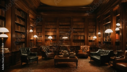 cargo library, office, living room, bookcases, bookshelves, leather sofas, warm lighting