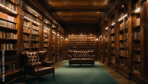 library, office, bookcases, shelves with books, leather armchair, sofa