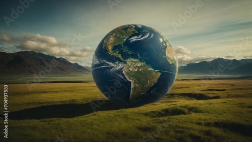 ecological theme, the planet earth as a big ball lying on the background of the landscape © Roslaw