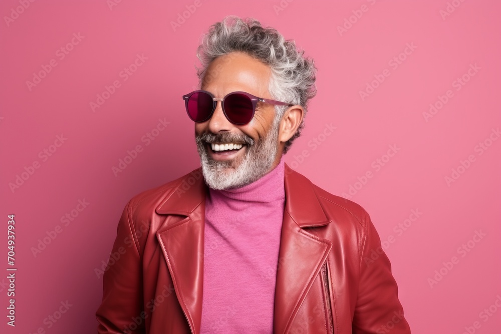 Portrait of a happy senior man with grey hair wearing sunglasses and a pink leather jacket Portrait of a happy senior man with grey hair wearing sunglasses and a pink leather jacket