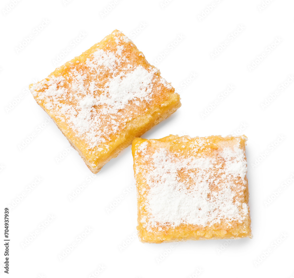 Tasty lemon bars with powdered sugar isolated on white, top view