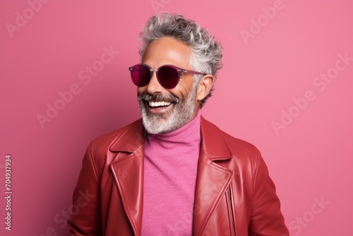 Portrait of a happy senior man with grey hair wearing sunglasses and a pink leather jacket