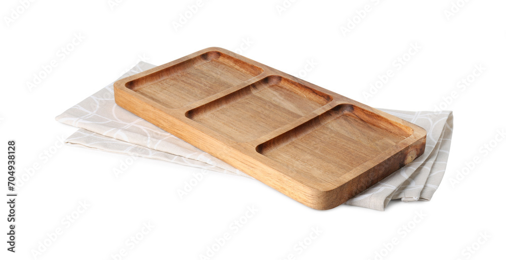 Wooden serving board and kitchen towel isolated on white