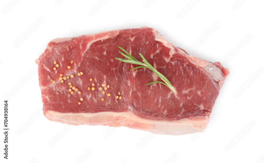 Steak of raw beef meat and spices isolated on white, top view Steak of raw beef meat and spices isolated on white, top view