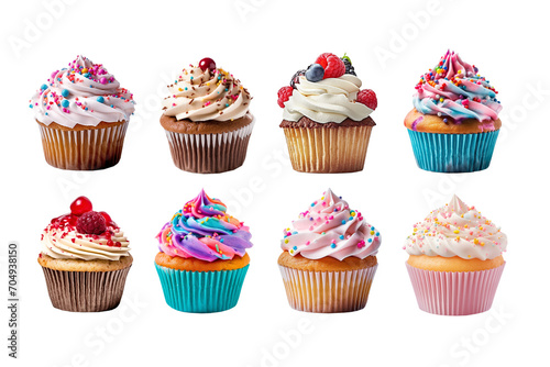 Obraz na płótnie Collection set, assortment of colorful cupcakes isolated on white or transparent background, png file w salonie