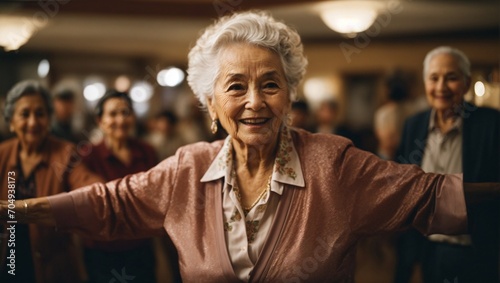 happy elderly woman smiling with open arms and dancing around people