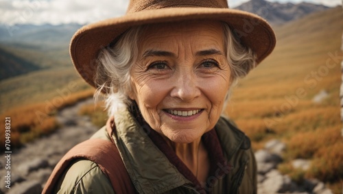 portrait of a happy elderly woman in the mountains