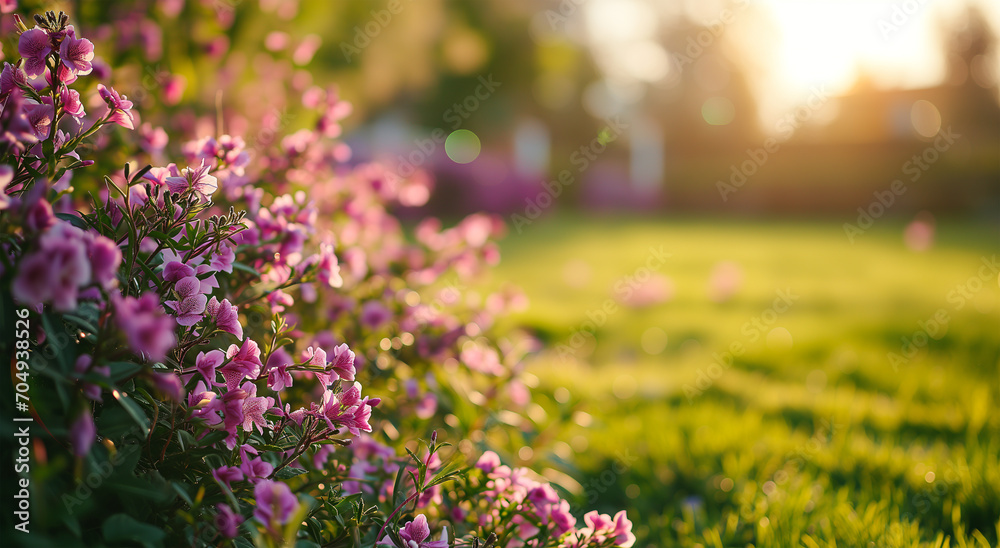 Obraz premium Spring glade with flowering pink flowers in sunny day. Tranquil natural spring landscape with flowers. Blurred forest field background