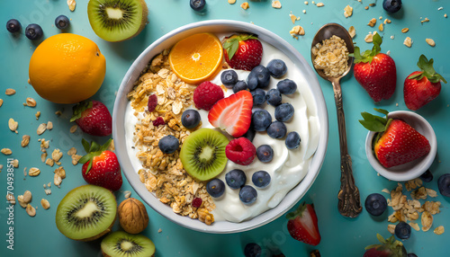overhead view of a bowl of creamy Greek yogurt topped with fresh fruit and granola