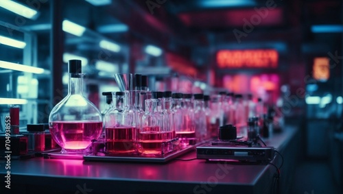 chemical ampoules and beakers of pink colors on a table in a scientific laboratory