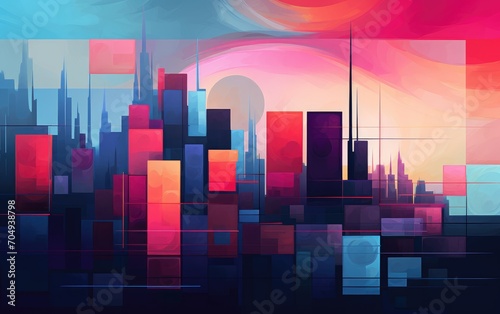 An abstract cityscape using rectangles and squares in a vibrant, futuristic color palette, Vibrant Geometric Urban Landscape.