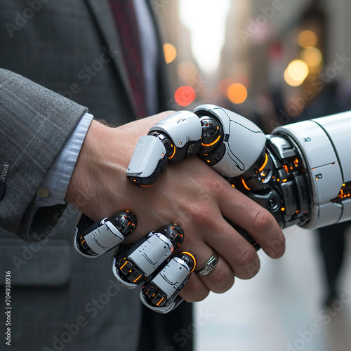 Man and robot shake hands. AI. Cooperation, our future. 