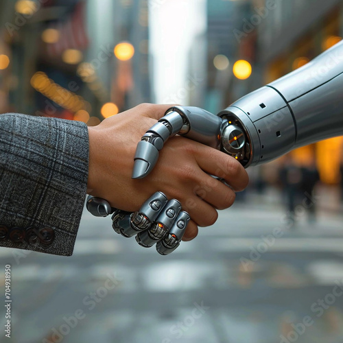 Man and robot shake hands. AI. Cooperation. 