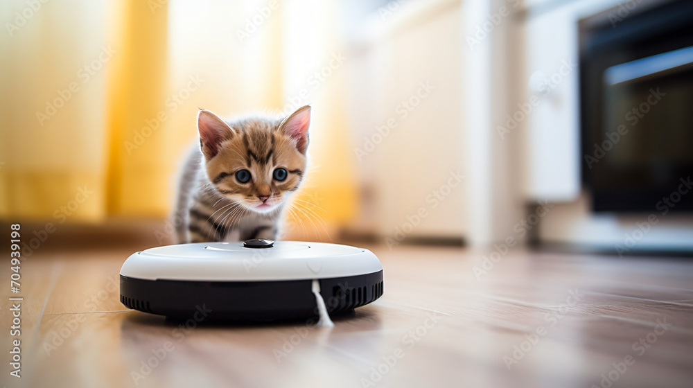 Cute cat playing with a robot vacuum