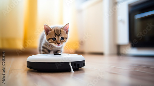 Cute cat playing with a robot vacuum